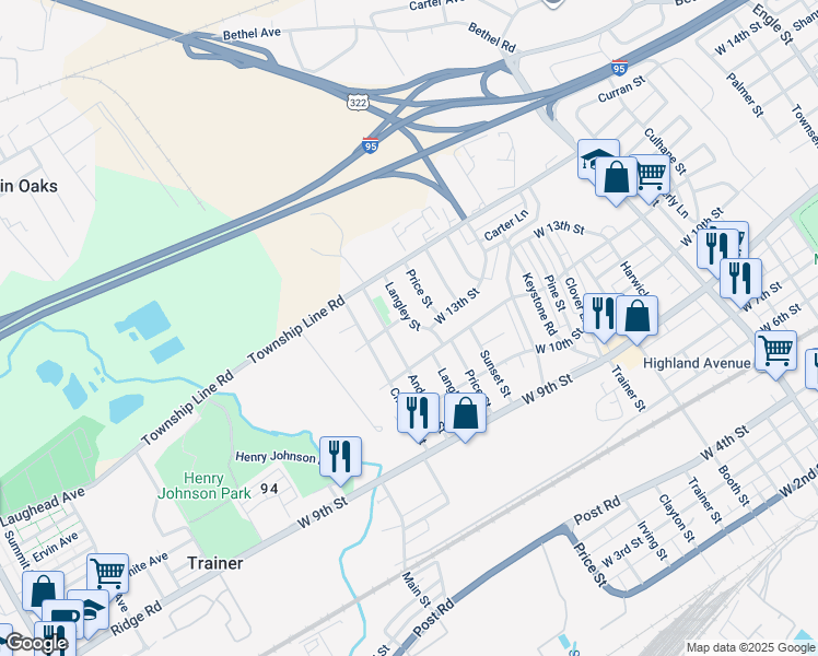 map of restaurants, bars, coffee shops, grocery stores, and more near 1316 Langley Street in Trainer