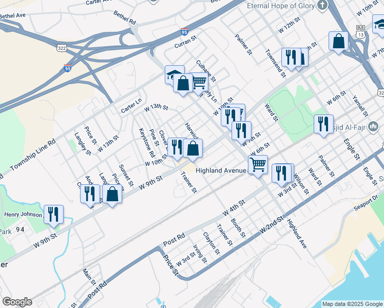 map of restaurants, bars, coffee shops, grocery stores, and more near 3028 West 9th Street in Chester