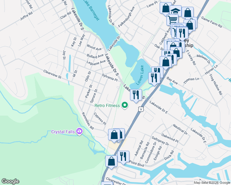map of restaurants, bars, coffee shops, grocery stores, and more near 1217 Taylor Lane in Lacey Township