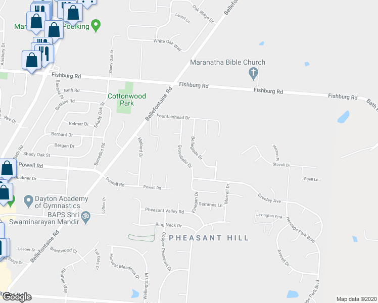 map of restaurants, bars, coffee shops, grocery stores, and more near 6923 Belleglade Drive in Dayton