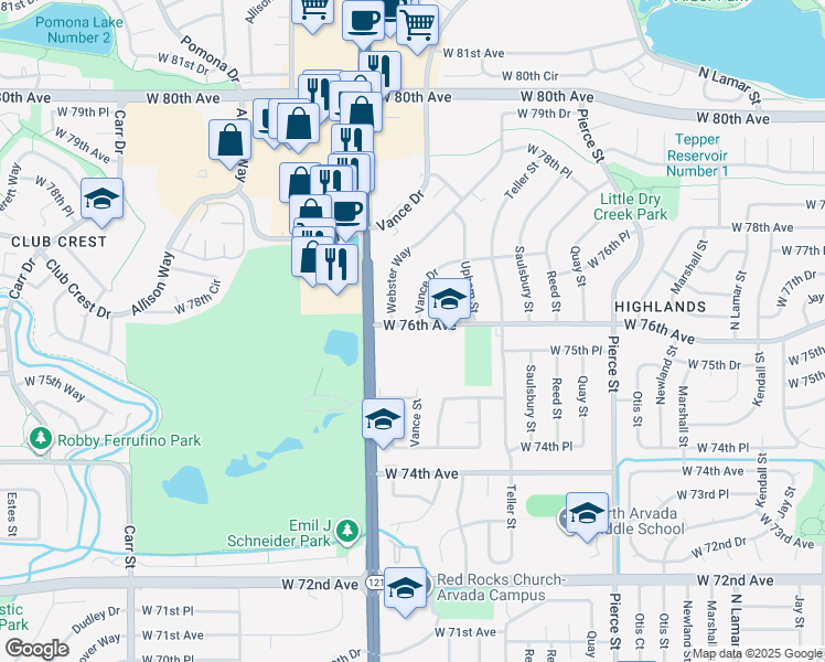 map of restaurants, bars, coffee shops, grocery stores, and more near 7300 West 76th Avenue in Arvada
