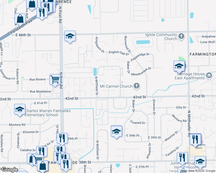 map of restaurants, bars, coffee shops, grocery stores, and more near 9350 East 43rd Street in Indianapolis