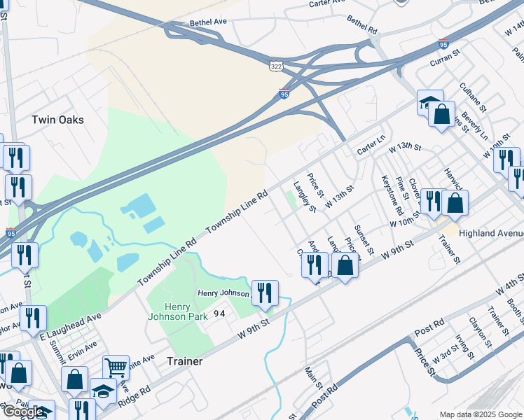 map of restaurants, bars, coffee shops, grocery stores, and more near 4018 Roseanna Court in Trainer