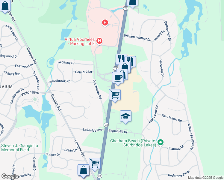 map of restaurants, bars, coffee shops, grocery stores, and more near 145 Route 73 in Voorhees Township