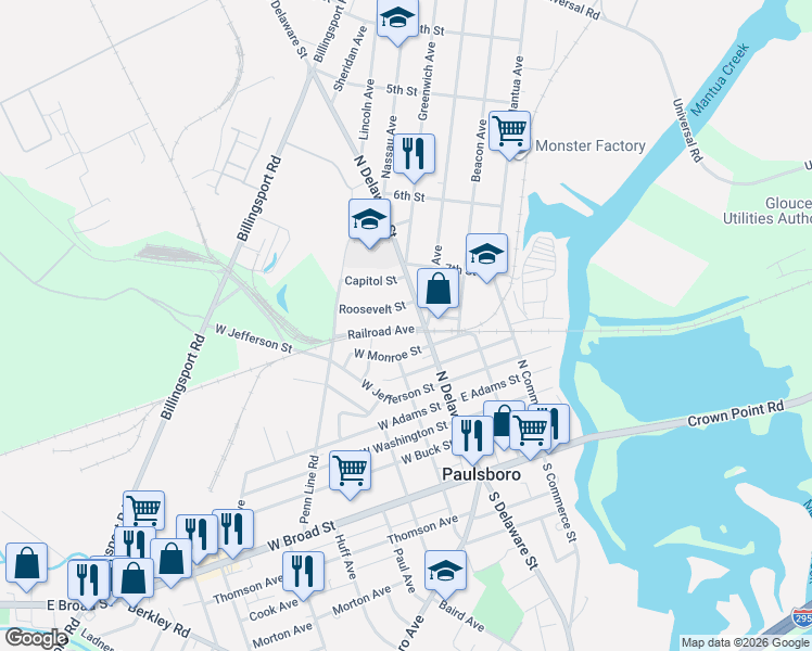 map of restaurants, bars, coffee shops, grocery stores, and more near 735 North Delaware Street in Paulsboro