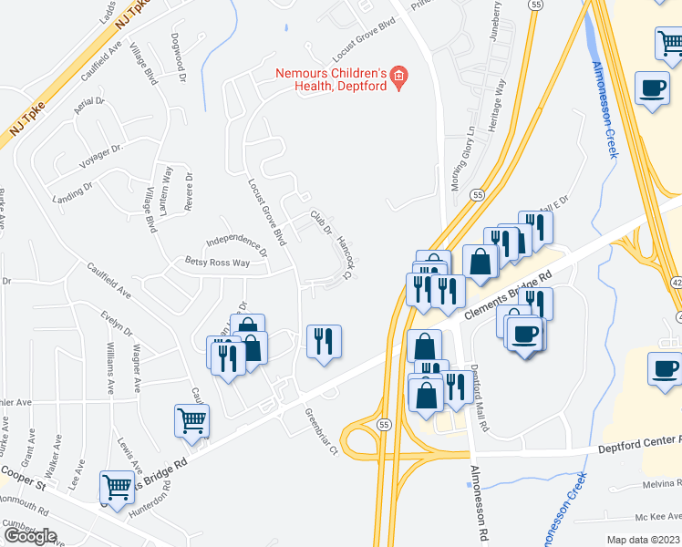 map of restaurants, bars, coffee shops, grocery stores, and more near 401 Cabot Court in Deptford