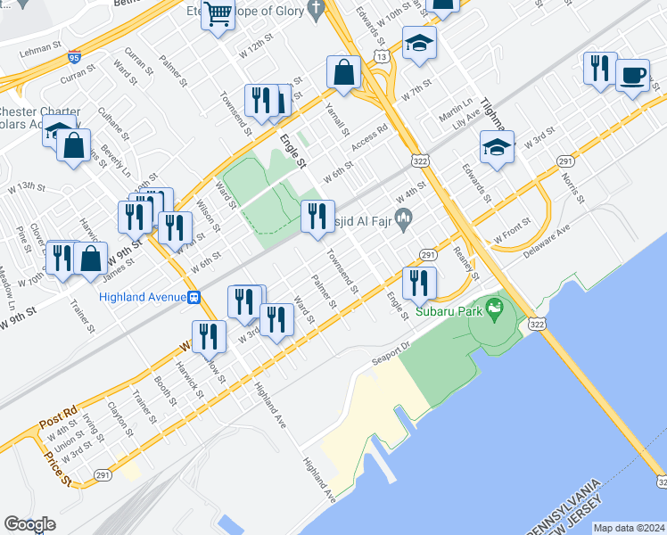 map of restaurants, bars, coffee shops, grocery stores, and more near 2308 West 3rd Street in Chester