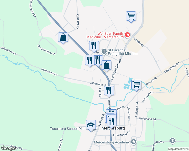map of restaurants, bars, coffee shops, grocery stores, and more near 210 Brindle Drive in Mercersburg