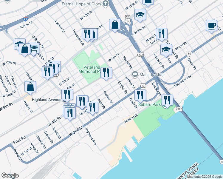 map of restaurants, bars, coffee shops, grocery stores, and more near 2308 West 3rd Street in Chester