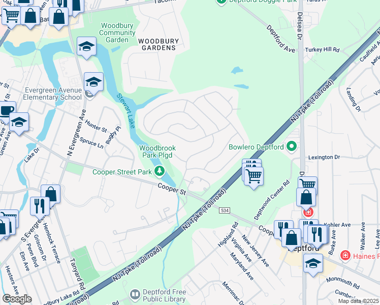 map of restaurants, bars, coffee shops, grocery stores, and more near 38 Lakebridge Drive in Deptford