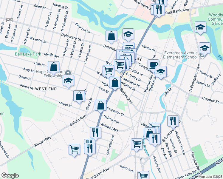 map of restaurants, bars, coffee shops, grocery stores, and more near 235 South Broad Street in Woodbury