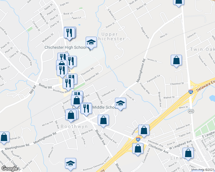 map of restaurants, bars, coffee shops, grocery stores, and more near 900 Randall Ave in Boothwyn