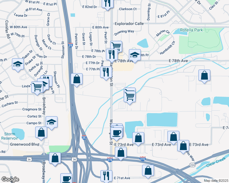 map of restaurants, bars, coffee shops, grocery stores, and more near 7700 Washington Street in Denver