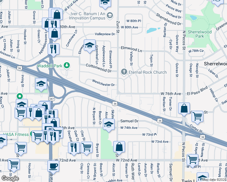 map of restaurants, bars, coffee shops, grocery stores, and more near 2463 Westchester Drive in Denver