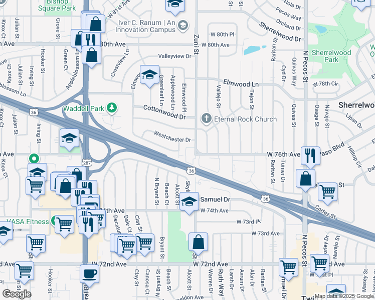 map of restaurants, bars, coffee shops, grocery stores, and more near 2463 Westchester Drive in Denver