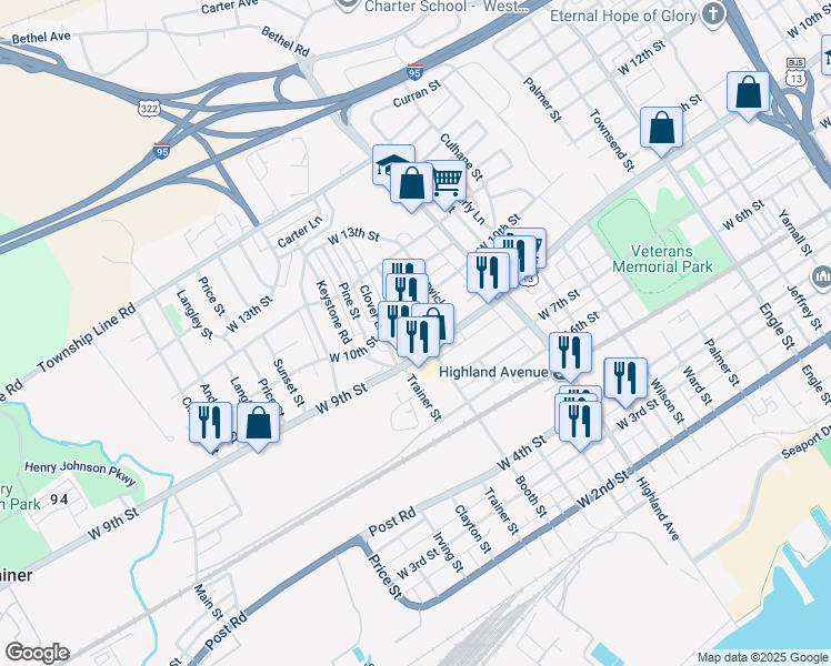 map of restaurants, bars, coffee shops, grocery stores, and more near 1000 Booth Street in Chester