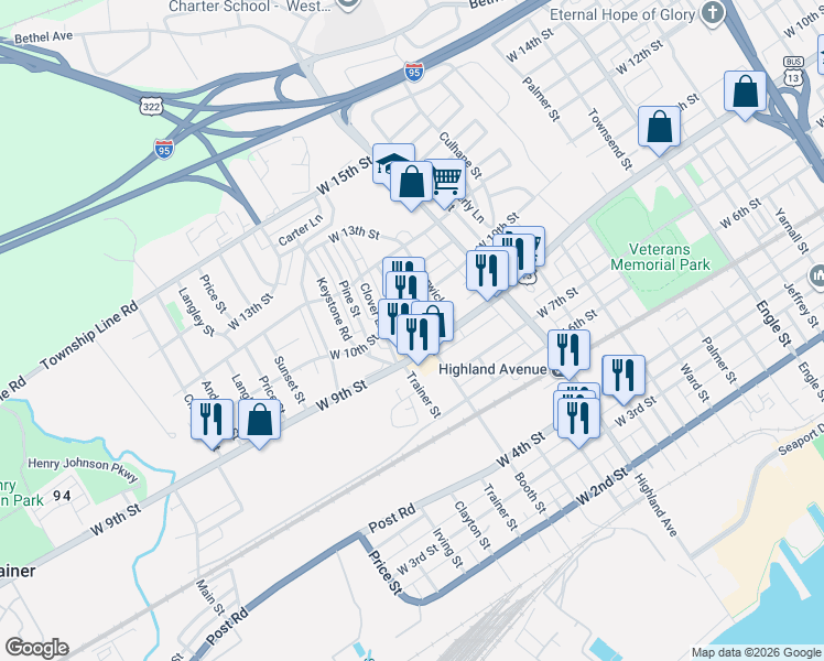 map of restaurants, bars, coffee shops, grocery stores, and more near 1000 Booth Street in Chester