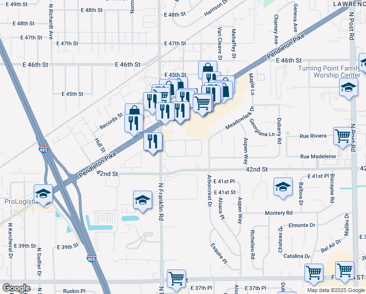 map of restaurants, bars, coffee shops, grocery stores, and more near 8015 Pendleton Pike in Indianapolis
