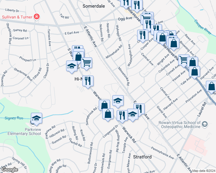 map of restaurants, bars, coffee shops, grocery stores, and more near 235 Dobbs Drive in Hi-Nella