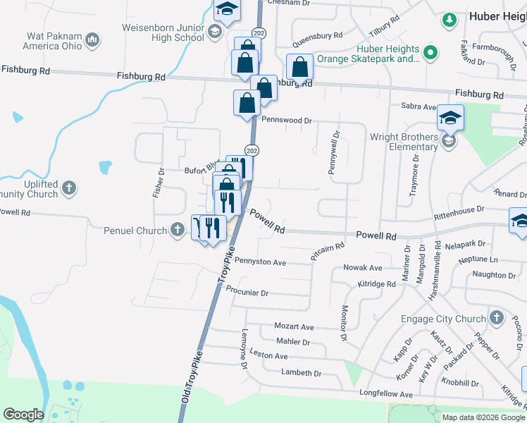 map of restaurants, bars, coffee shops, grocery stores, and more near 5635 Rowell Circle in Dayton