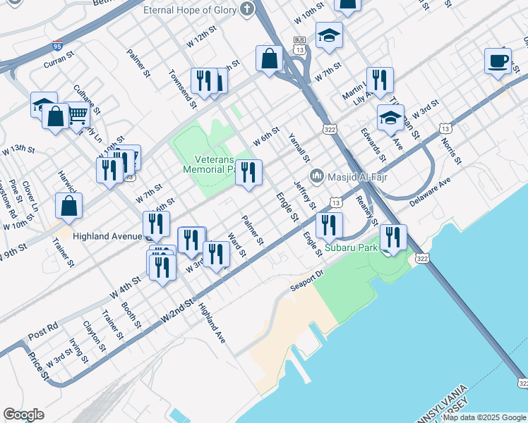 map of restaurants, bars, coffee shops, grocery stores, and more near 2300 West 3rd Street in Chester