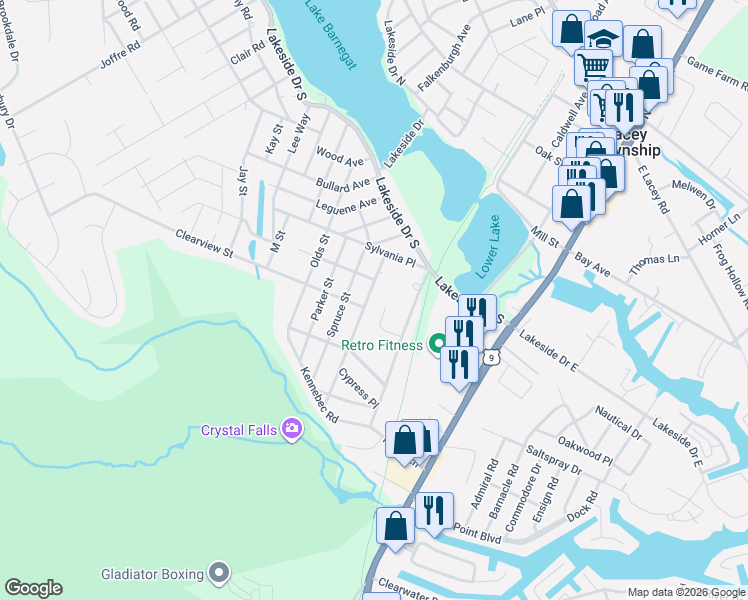 map of restaurants, bars, coffee shops, grocery stores, and more near 1255 Cypress Street in Lacey Township