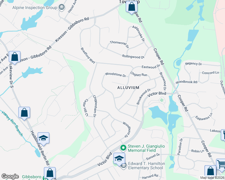 map of restaurants, bars, coffee shops, grocery stores, and more near 10 Eastwood Court in Voorhees Township