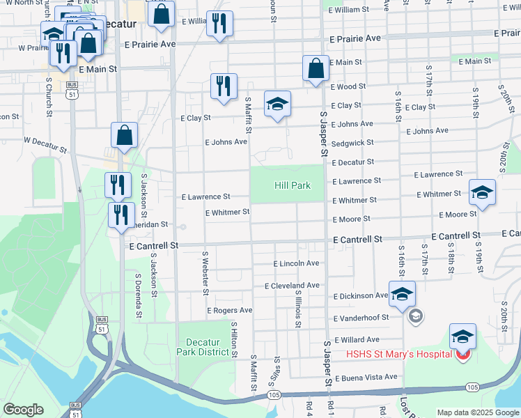 map of restaurants, bars, coffee shops, grocery stores, and more near 900-1098 East Whitmer Street in Decatur