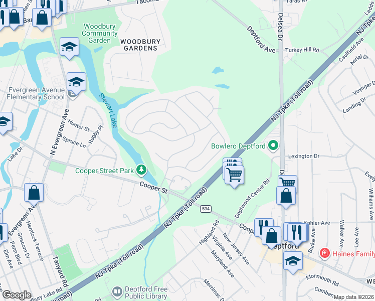 map of restaurants, bars, coffee shops, grocery stores, and more near 22 Lakebridge Drive in Deptford