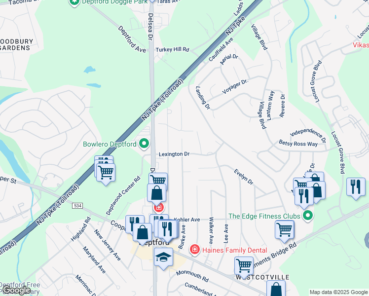 map of restaurants, bars, coffee shops, grocery stores, and more near 1066 Lexington Drive in Deptford