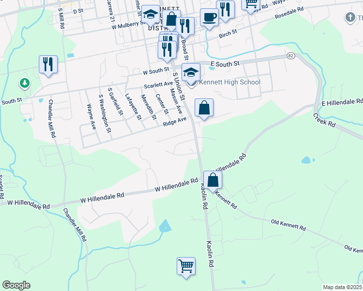 map of restaurants, bars, coffee shops, grocery stores, and more near 1017 James Walter Way in Kennett Square