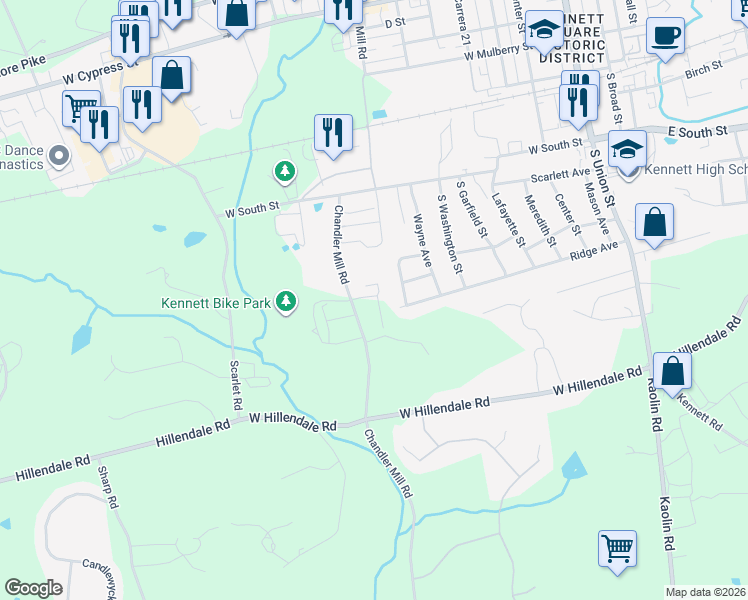 map of restaurants, bars, coffee shops, grocery stores, and more near 109 Chandler Mill Road in Kennett Square