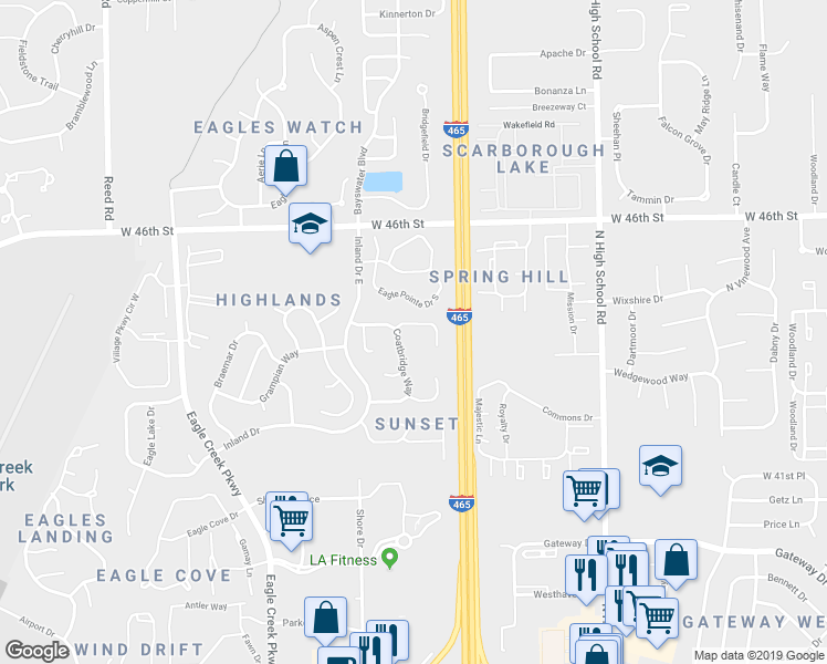 map of restaurants, bars, coffee shops, grocery stores, and more near 6715 Dunsany Court in Indianapolis