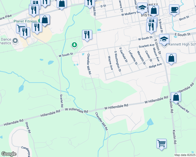 map of restaurants, bars, coffee shops, grocery stores, and more near 109 Chandler Mill Road in Kennett Square