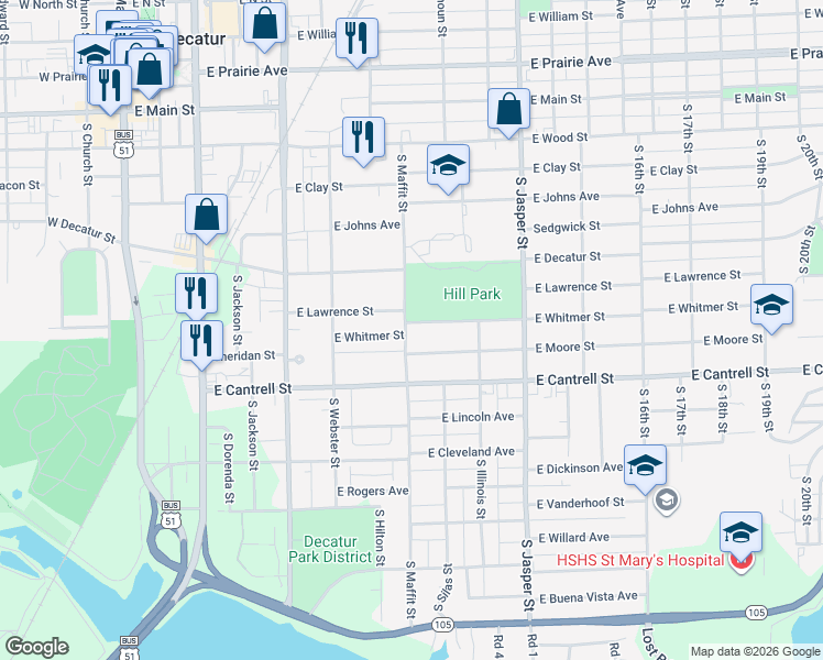 map of restaurants, bars, coffee shops, grocery stores, and more near 900-1098 East Whitmer Street in Decatur