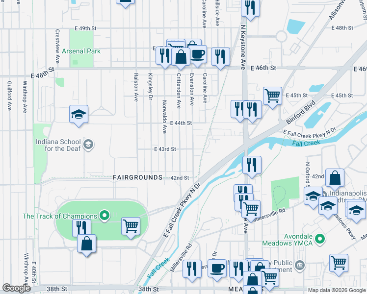 map of restaurants, bars, coffee shops, grocery stores, and more near 4324 Evanston Avenue in Indianapolis