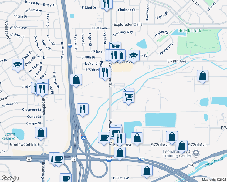 map of restaurants, bars, coffee shops, grocery stores, and more near 7700 Washington Street in Denver