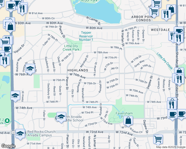 map of restaurants, bars, coffee shops, grocery stores, and more near 7657 North Lamar Street in Arvada