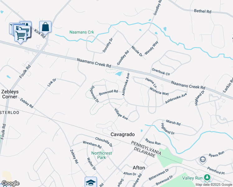 map of restaurants, bars, coffee shops, grocery stores, and more near 1661 Boxwood Road in Garnet Valley