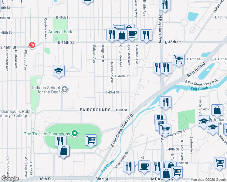 map of restaurants, bars, coffee shops, grocery stores, and more near 4323 Norwaldo Avenue in Indianapolis