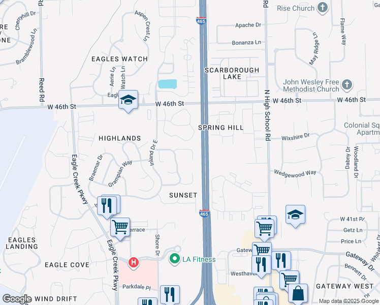 map of restaurants, bars, coffee shops, grocery stores, and more near 6662 Dunsany Court in Indianapolis