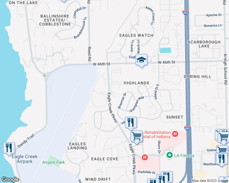 map of restaurants, bars, coffee shops, grocery stores, and more near 4431 Eagle Creek Parkway in Indianapolis