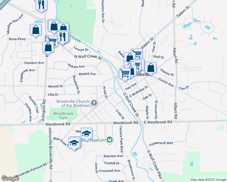 map of restaurants, bars, coffee shops, grocery stores, and more near 30 Western Avenue in Brookville