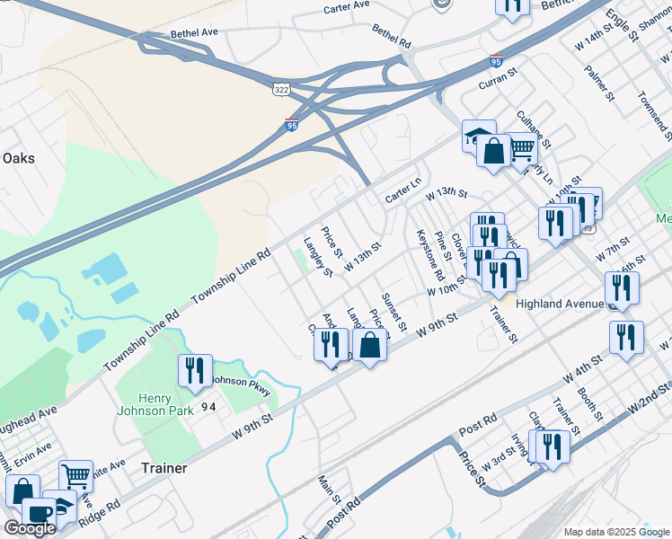 map of restaurants, bars, coffee shops, grocery stores, and more near 1305 Langley Street in Marcus Hook