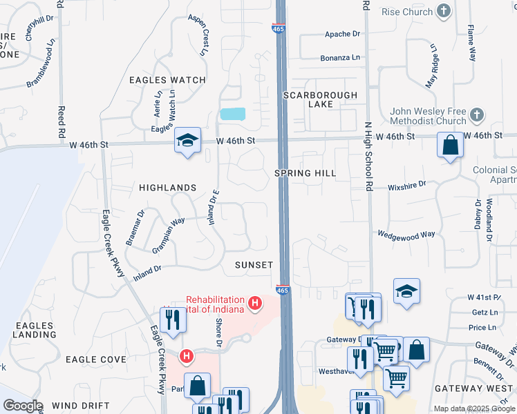 map of restaurants, bars, coffee shops, grocery stores, and more near 6683 Dunsany Court in Indianapolis