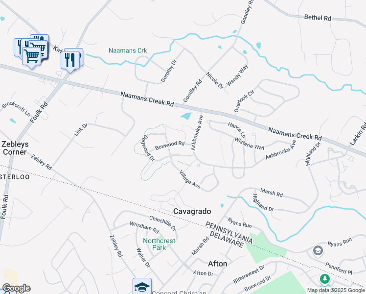 map of restaurants, bars, coffee shops, grocery stores, and more near 1661 Boxwood Road in Garnet Valley