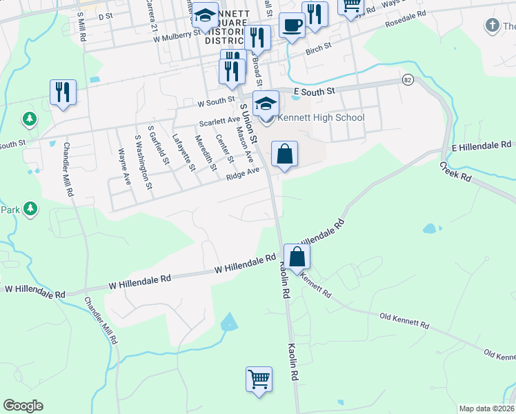 map of restaurants, bars, coffee shops, grocery stores, and more near 104 Meadowview Lane in Kennett Square