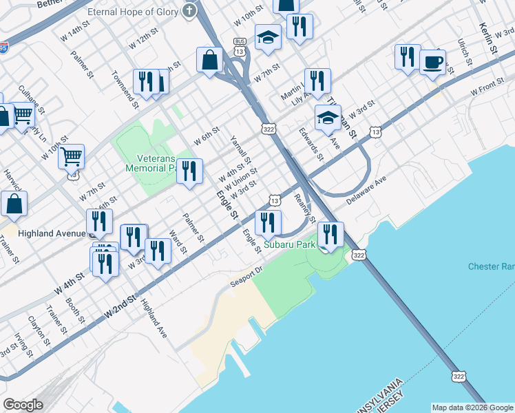 map of restaurants, bars, coffee shops, grocery stores, and more near 2030 West 2nd Street in Chester