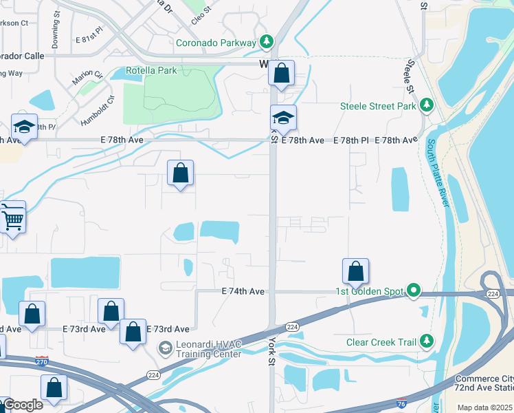 map of restaurants, bars, coffee shops, grocery stores, and more near 2300 East 76th Avenue in Denver
