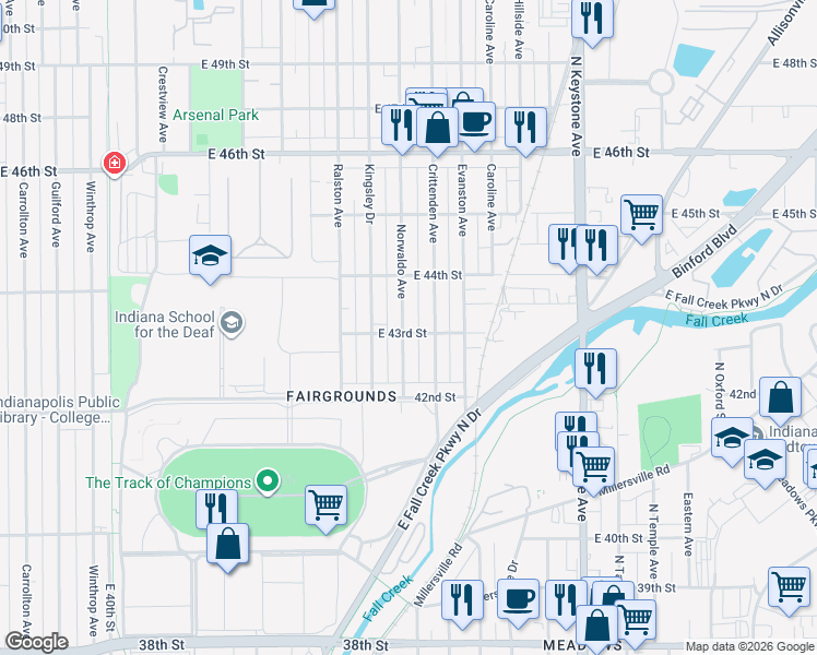 map of restaurants, bars, coffee shops, grocery stores, and more near 4323 Norwaldo Avenue in Indianapolis